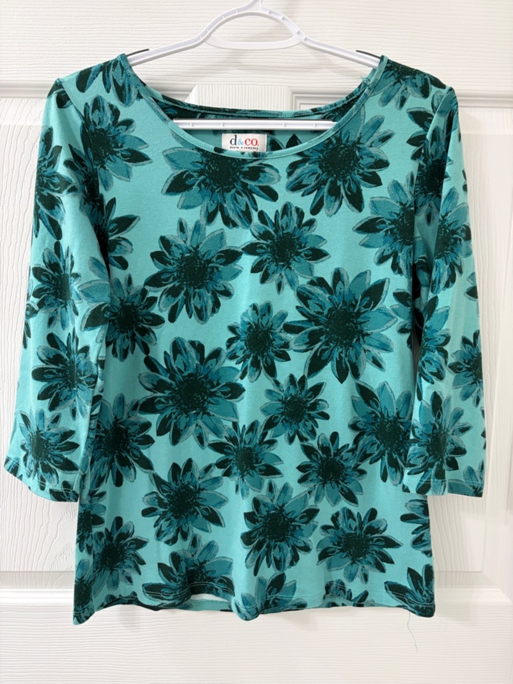 d & co. Teal Floral Long Sleeve Scoop Neck Top